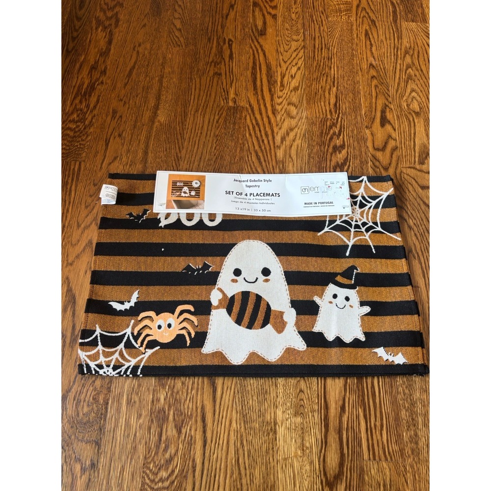 Halloween Ghosts Black Orange Set Of 4 Placemats 13" X 9" New Cute Spooky BOO